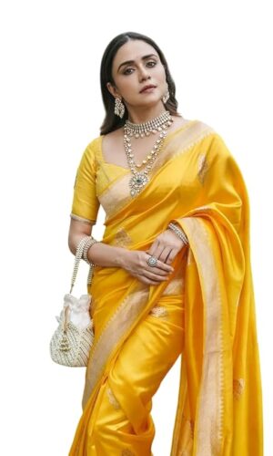 Flosive Women's Beautiful Hot Yellow Shine Kanjivaram Wedding Saree With Blouse