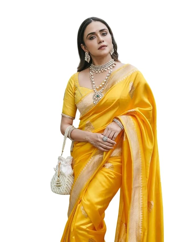 61TQyLZh8TL._SX679_ Flosive Women's Beautiful Hot Yellow Shine Kanjivaram Wedding Saree With Blouse